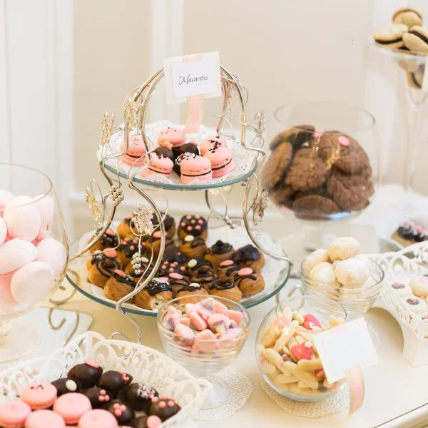 Candy bar. Banquet table full of desserts and an assortment of sweets. pie and cake. wedding or event