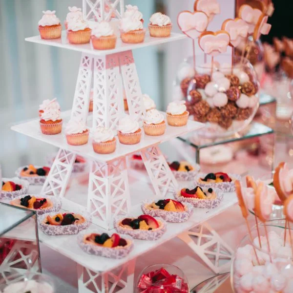 Different delicious desserts and cakes on the buffet table